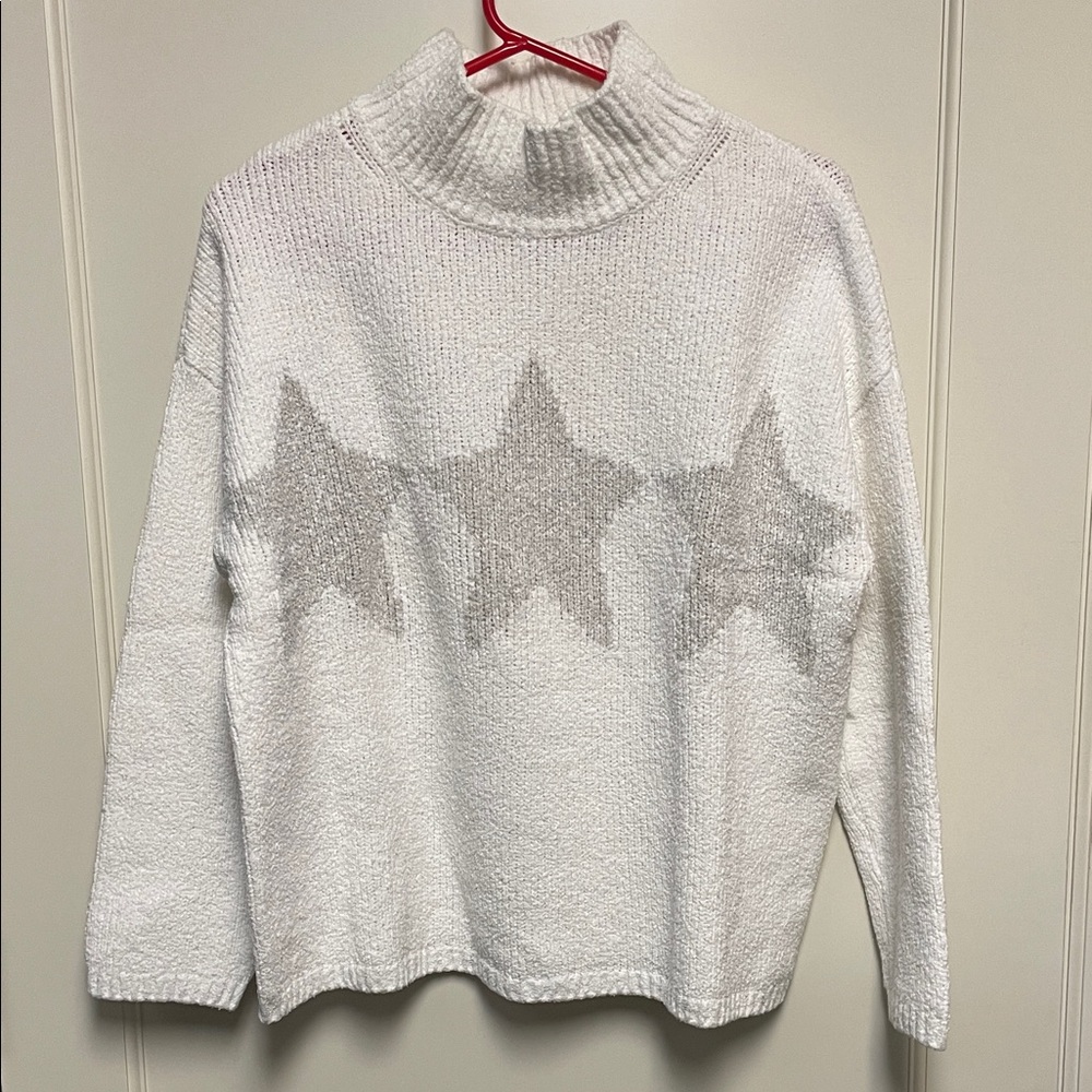 The White Company Chenille White and Gray Star Mockneck Sweater
